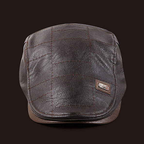 Mens Adjustable Leather Flat Cap Stitch Newsboy Cap Driving Fishing Cabbie Hat