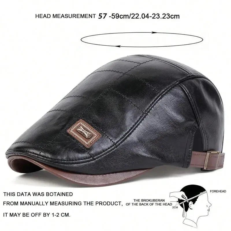 Mens Adjustable Leather Flat Cap Stitch Newsboy Cap Driving Fishing Cabbie Hat