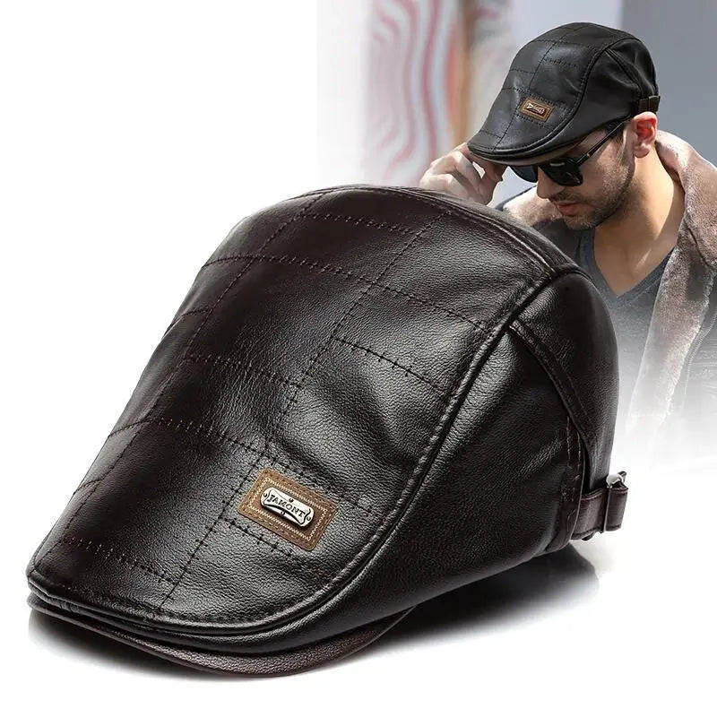 Mens Adjustable Leather Flat Cap Stitch Newsboy Cap Driving Fishing Cabbie Hat