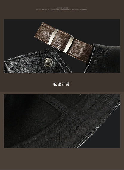 Mens Adjustable Leather Flat Cap Stitch Newsboy Cap Driving Fishing Cabbie Hat