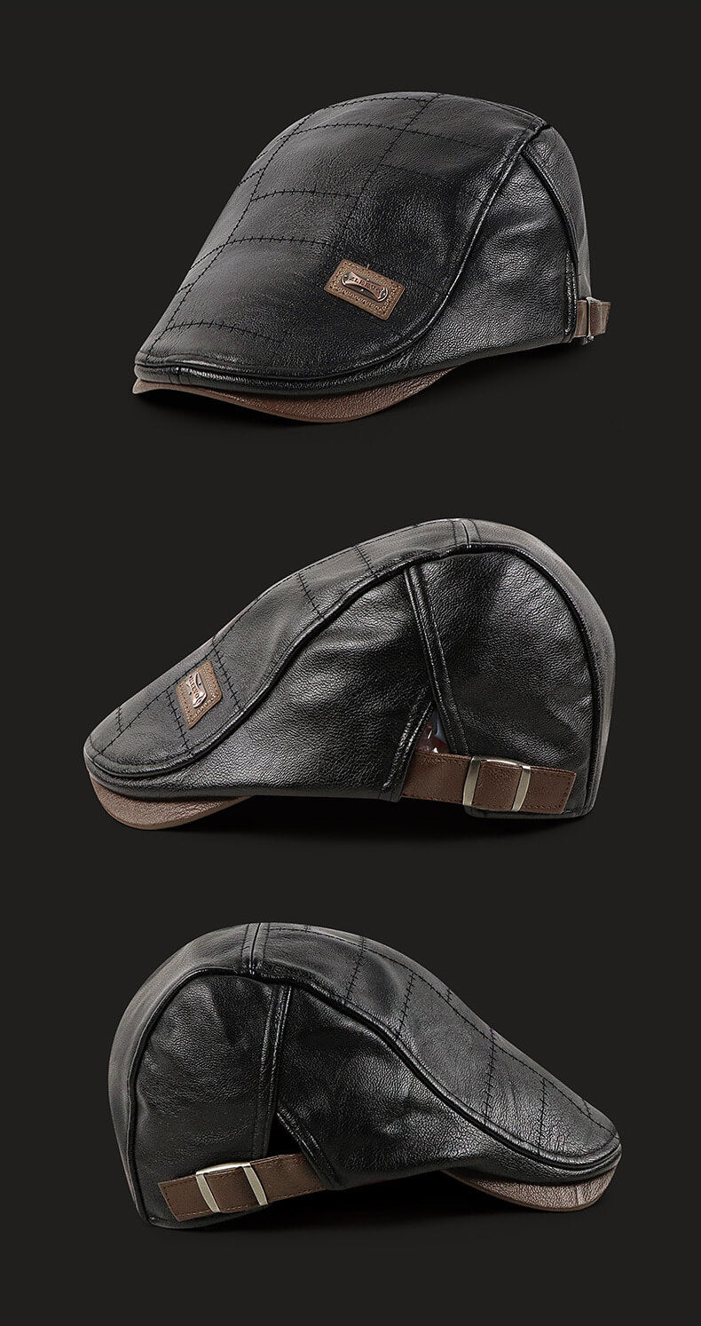 Mens Adjustable Leather Flat Cap Stitch Newsboy Cap Driving Fishing Cabbie Hat