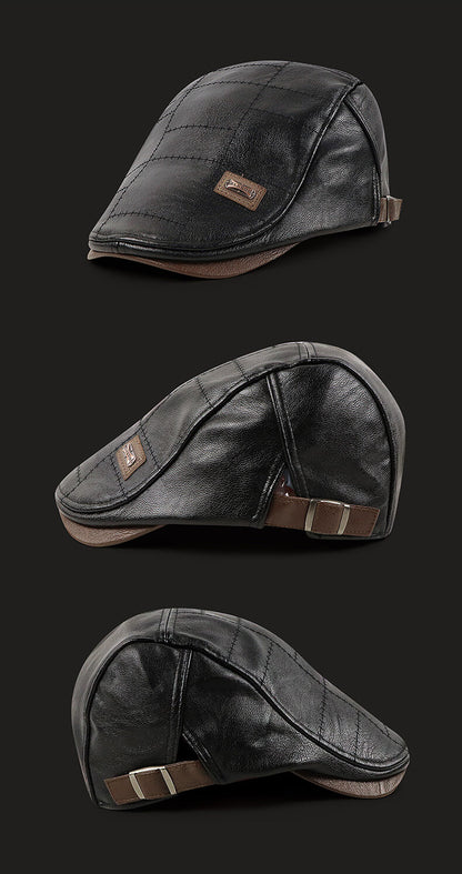 Mens Adjustable Leather Flat Cap Stitch Newsboy Cap Driving Fishing Cabbie Hat