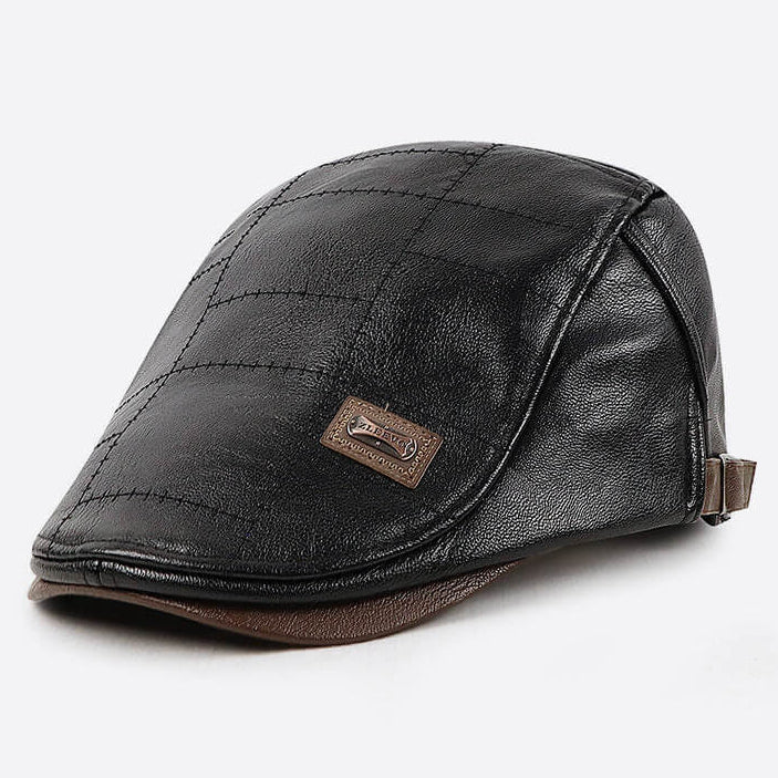 Mens Adjustable Leather Flat Cap Stitch Newsboy Cap Driving Fishing Cabbie Hat