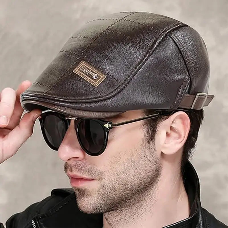 Mens Adjustable Leather Flat Cap Stitch Newsboy Cap Driving Fishing Cabbie Hat