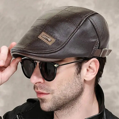 Mens Adjustable Leather Flat Cap Stitch Newsboy Cap Driving Fishing Cabbie Hat