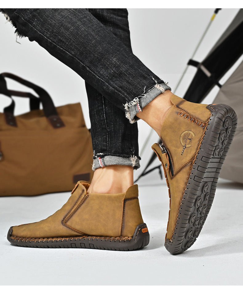 Kaegreel Men's Hand Stitching Leather Non Slip Side Zipper Casual Boots