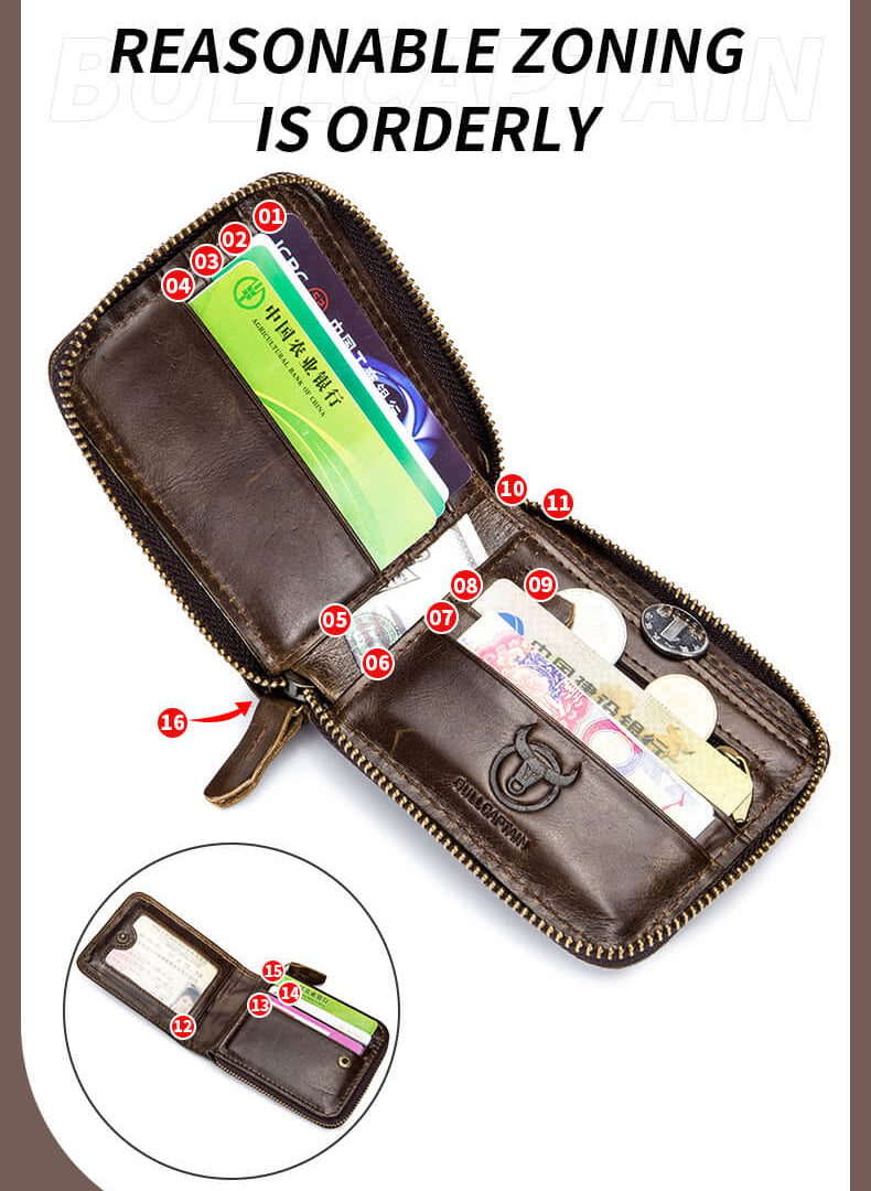 Genuine Leather Zipper Men Wallets Multi Card Slot ID Card Mini Holder Bags Bussiness Casual Coin Purse