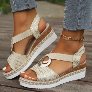 Women's Metal Buckle Hemp Rope Wedge Heel Beach Sandals Peep-toe Shoes