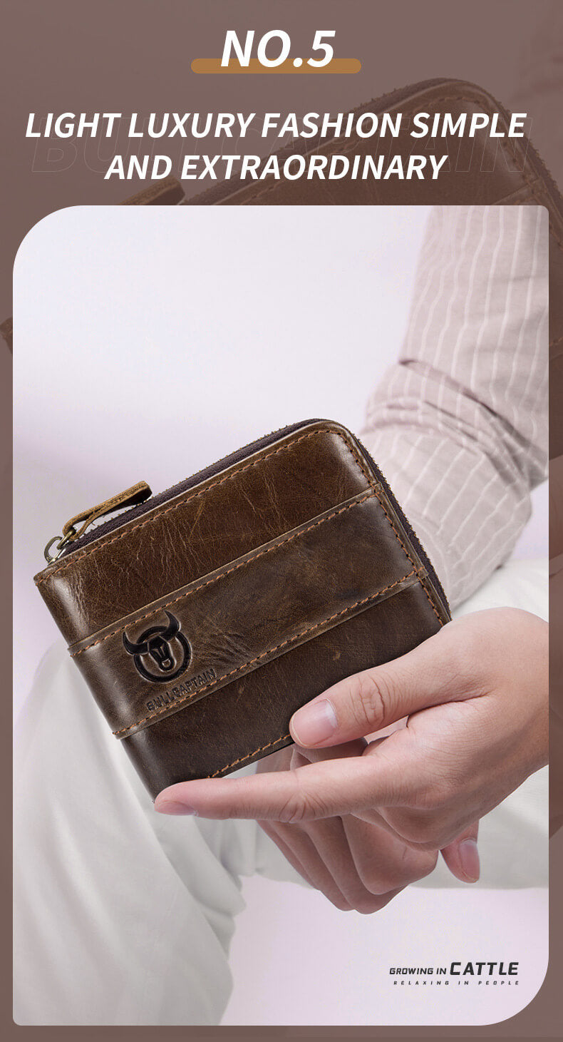Genuine Leather Zipper Men Wallets Multi Card Slot ID Card Mini Holder Bags Bussiness Casual Coin Purse