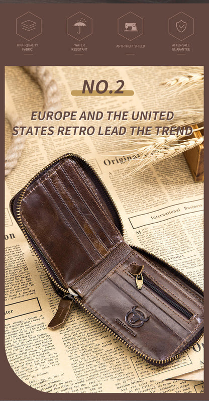 Genuine Leather Zipper Men Wallets Multi Card Slot ID Card Mini Holder Bags Bussiness Casual Coin Purse