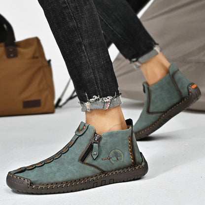 Kaegreel Men's Hand Stitching Leather Non Slip Side Zipper Casual Boots