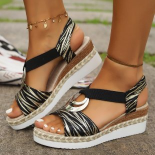 Women's Metal Buckle Hemp Rope Wedge Heel Beach Sandals Peep-toe Shoes