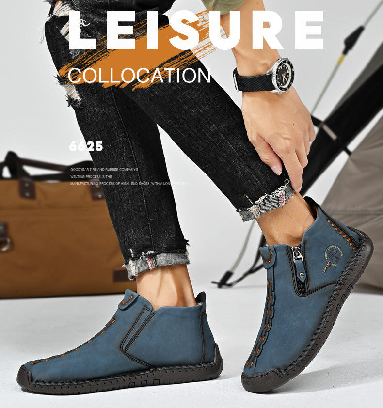 Kaegreel Men's Hand Stitching Leather Non Slip Side Zipper Casual Boots