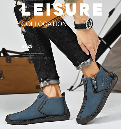 Kaegreel Men's Hand Stitching Leather Non Slip Side Zipper Casual Boots