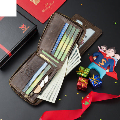Genuine Leather Zipper Men Wallets Multi Card Slot ID Card Mini Holder Bags Bussiness Casual Coin Purse