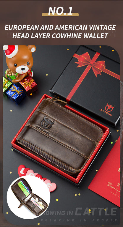 Genuine Leather Zipper Men Wallets Multi Card Slot ID Card Mini Holder Bags Bussiness Casual Coin Purse