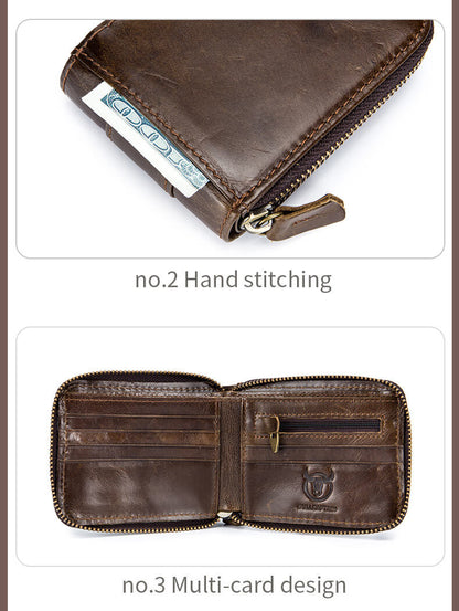 Genuine Leather Zipper Men Wallets Multi Card Slot ID Card Mini Holder Bags Bussiness Casual Coin Purse