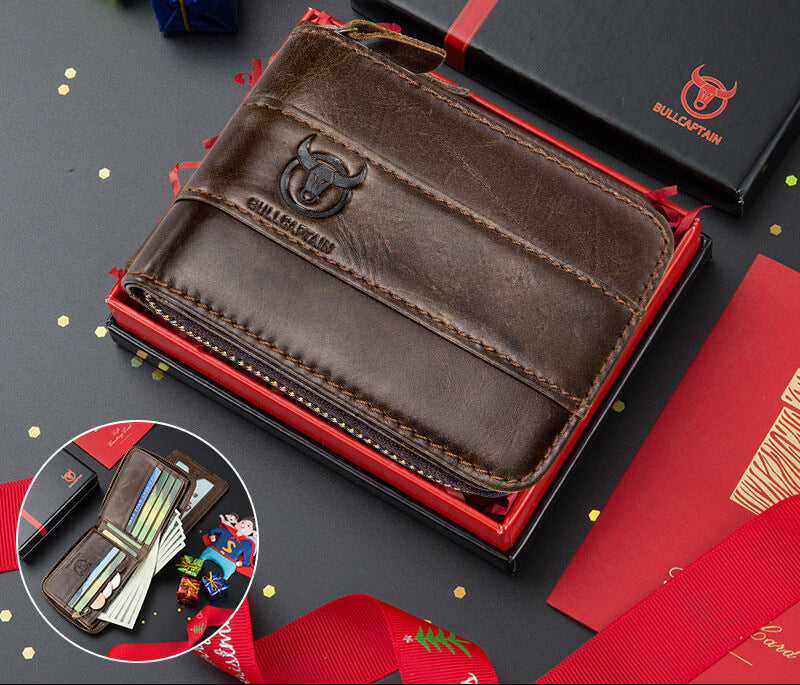 Genuine Leather Zipper Men Wallets Multi Card Slot ID Card Mini Holder Bags Bussiness Casual Coin Purse