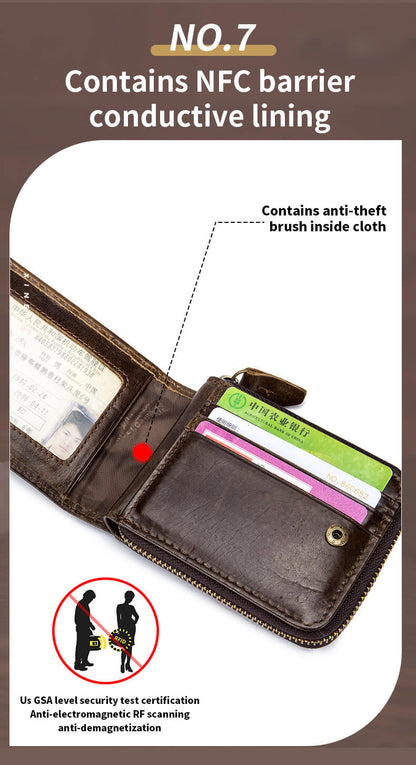 Genuine Leather Zipper Men Wallets Multi Card Slot ID Card Mini Holder Bags Bussiness Casual Coin Purse