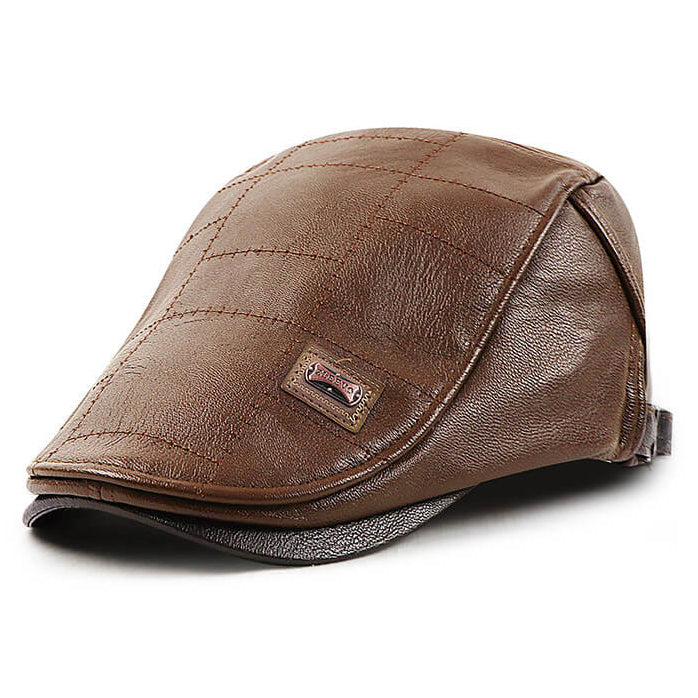 Mens Adjustable Leather Flat Cap Stitch Newsboy Cap Driving Fishing Cabbie Hat