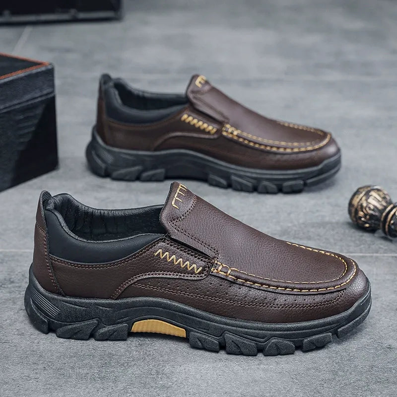 Kaegreel Men's Cow Leather Waterproof Comfy Non Slip Soft Slip On Casual Shoes(Runs Small, Choose One Size Larger)