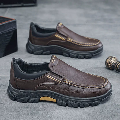 Kaegreel Men's Cow Leather Waterproof Comfy Non Slip Soft Slip On Casual Shoes(Runs Small, Choose One Size Larger)