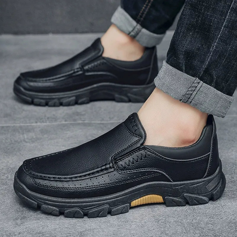 Kaegreel Men's Cow Leather Waterproof Comfy Non Slip Soft Slip On Casual Shoes(Runs Small, Choose One Size Larger)