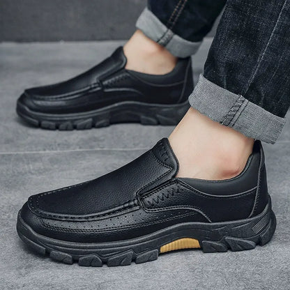 Kaegreel Men's Cow Leather Waterproof Comfy Non Slip Soft Slip On Casual Shoes(Runs Small, Choose One Size Larger)