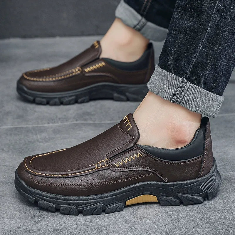 Kaegreel Men's Cow Leather Waterproof Comfy Non Slip Soft Slip On Casual Shoes(Runs Small, Choose One Size Larger)
