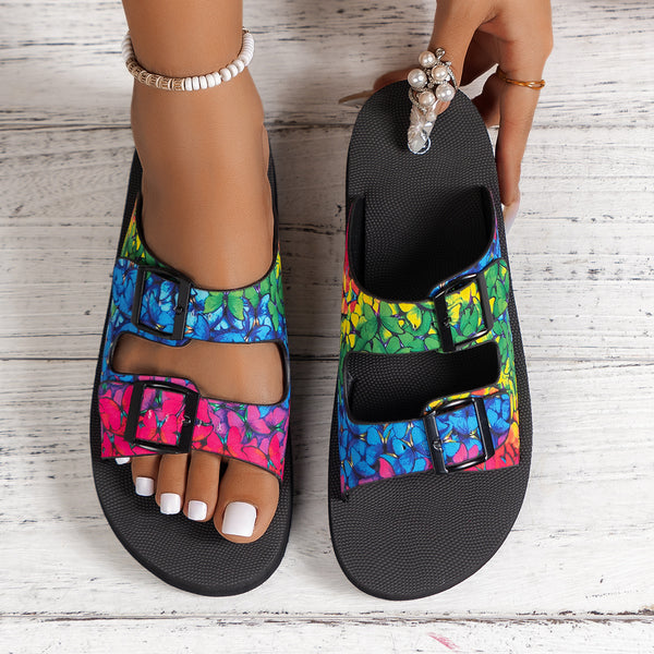 kaegreel belt buckle sandals slippers 31560 black flower
