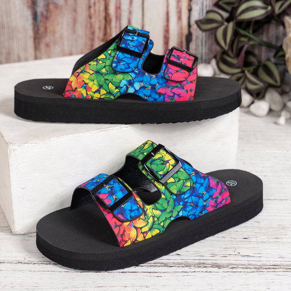 kaegreel belt buckle sandals slippers 31560 black flower