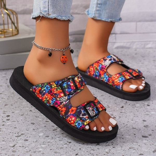kaegreel belt buckle sandals slippers 31560 black skull
