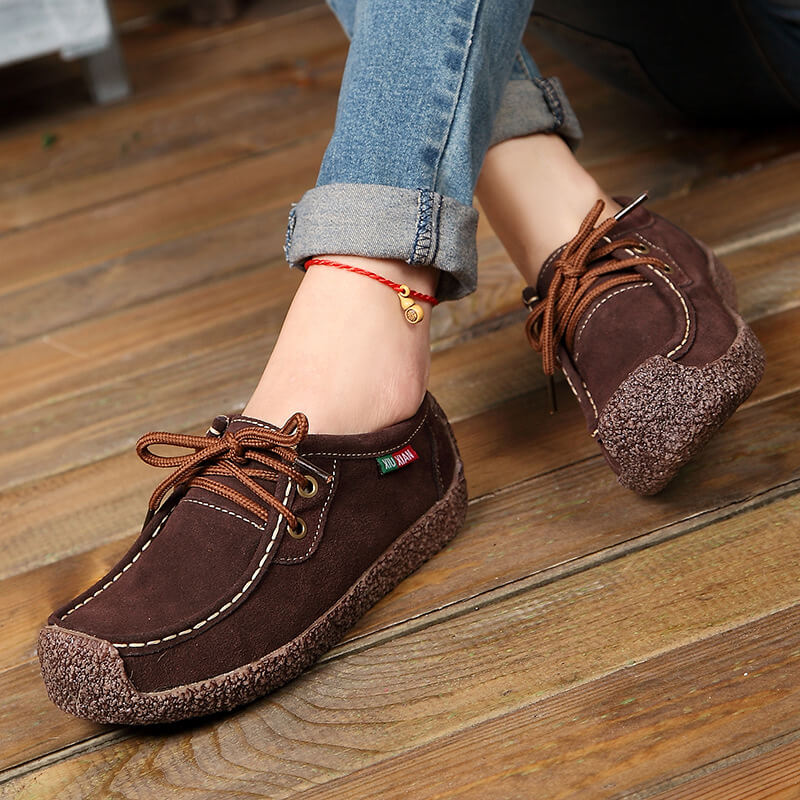 Kaegreel Women's Casual Suede Round Toe Lace Up Flat Shoes