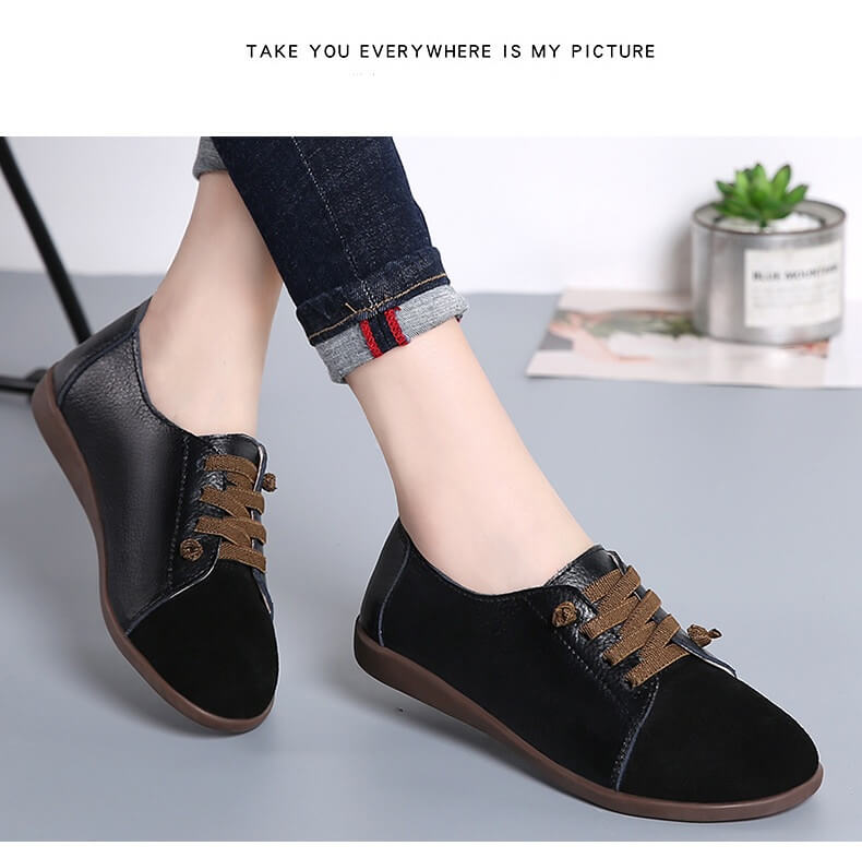 Women Suede Splicing Leather Soft Sole Slip On Casual Flat Shoes
