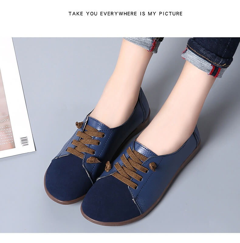 Women Suede Splicing Leather Soft Sole Slip On Casual Flat Shoes