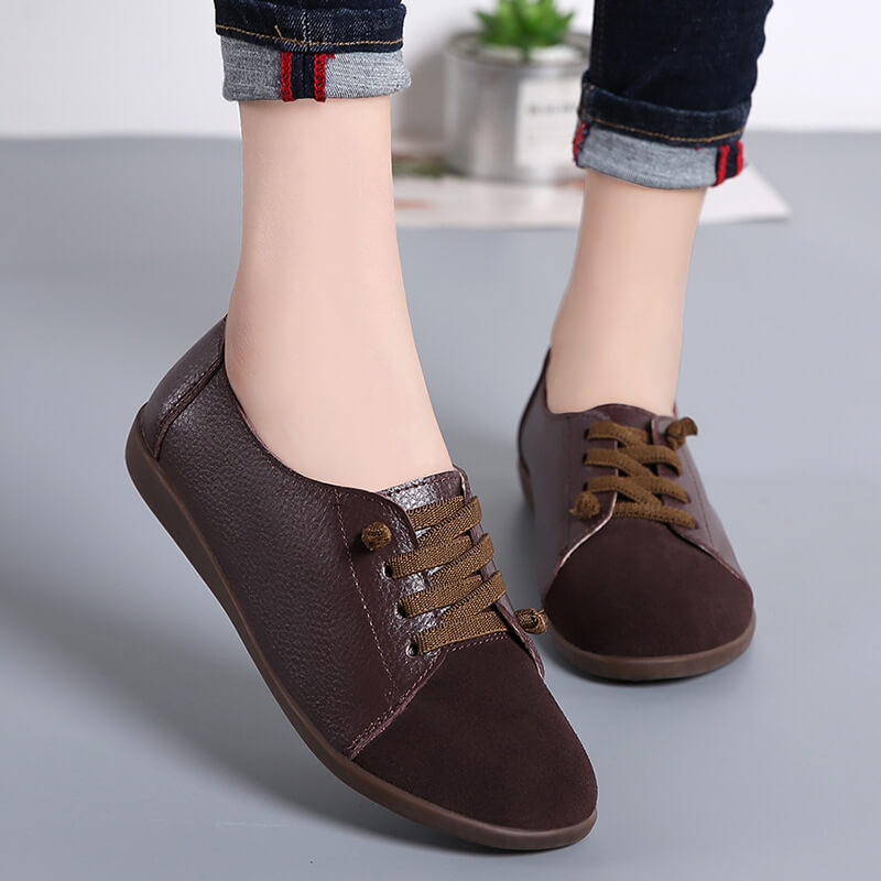 Women Suede Splicing Leather Soft Sole Slip On Casual Flat Shoes