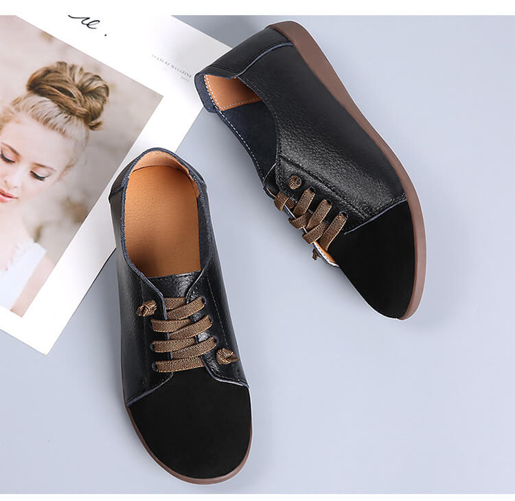 Women Suede Splicing Leather Soft Sole Slip On Casual Flat Shoes