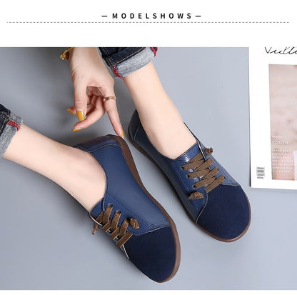 Women Suede Splicing Leather Soft Sole Slip On Casual Flat Shoes