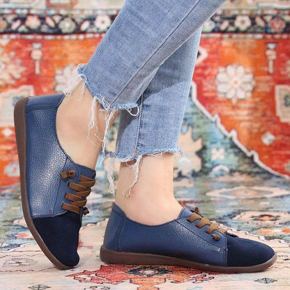Women Suede Splicing Leather Soft Sole Slip On Casual Flat Shoes