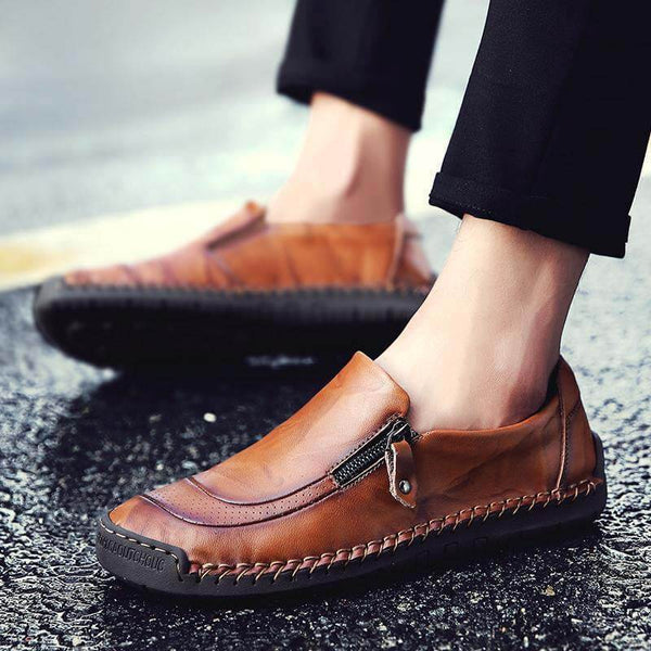 Men Hand Stitching Zipper Slip-on Leather Shoes