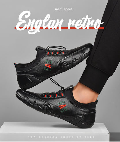 Kaegreel Men's Leather Splicing Non Slip Elastic Lace Soft Sole Casual Driving Shoes