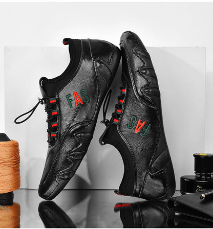 Kaegreel Men's Leather Splicing Non Slip Elastic Lace Soft Sole Casual Driving Shoes