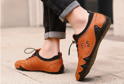 Kaegreel Men's Leather Splicing Non Slip Elastic Lace Soft Sole Casual Driving Shoes