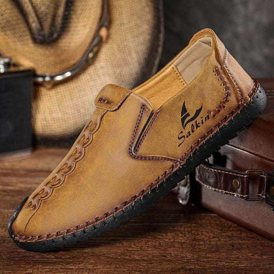 Chaussures plates à coudre à la main à la mode à semelle portable en cuir mirfofibre pour hommes