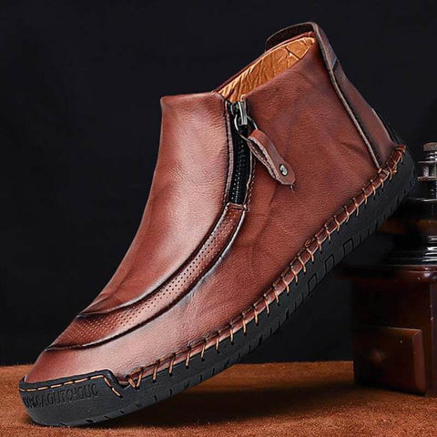 Zapatos de cuero para hombres hechos a mano con cremallera lateral cosida con botas suaves y suaves