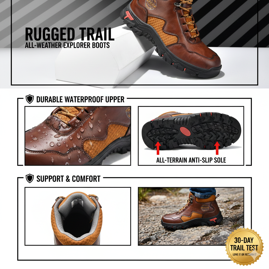 Vintage Men's Mid-Top Leather Loafers - Water-Resistant Daily Walking Boots with Non-Slip Outsole & Arch Support