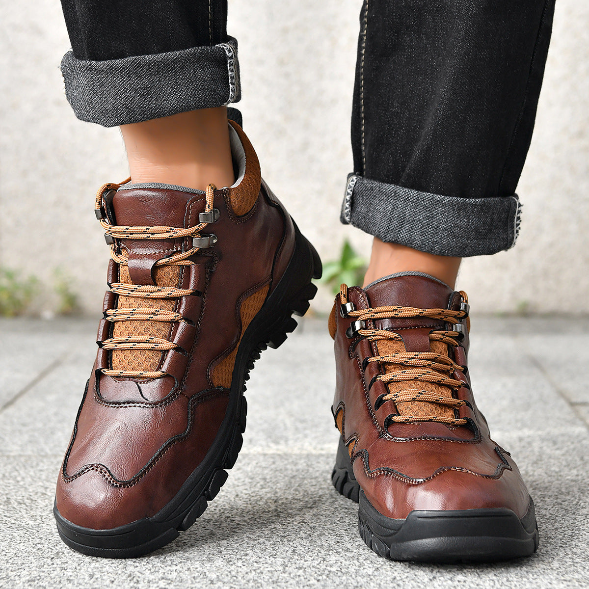 Vintage Men's Mid-Top Leather Loafers - Water-Resistant Daily Walking Boots with Non-Slip Outsole & Arch Support