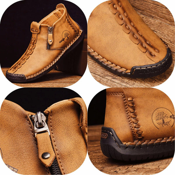 Kaegreel Men's Hand Stitching Leather Non Slip Side Zipper Casual Boots