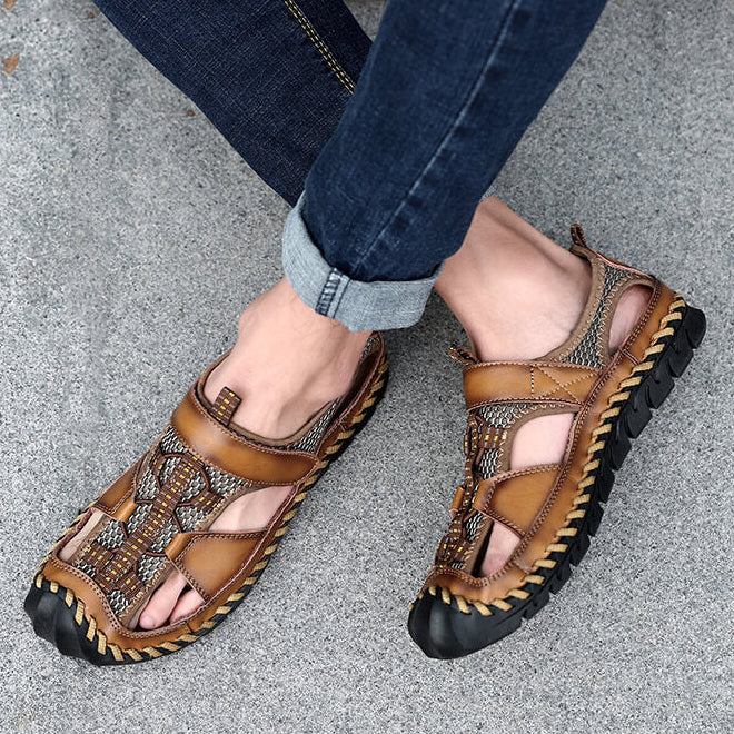 Kaegreel Herren Geschlossener Zehhand Hexe Nähte Outdoor Rutsch-Kleid Ledersandalen