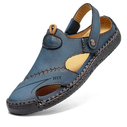 Kaegreel Men's Summer Hand Stitching Soft Outdoor Closed Toe Leather Beach Sandals Slippers